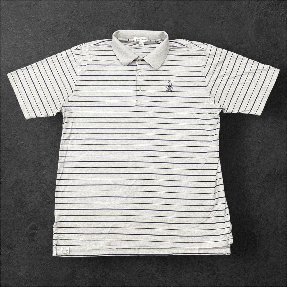 Peter Millar Mens L Polo Shirt Grey Purple Striped Cotton Fleur De Lis LVCC Logo
